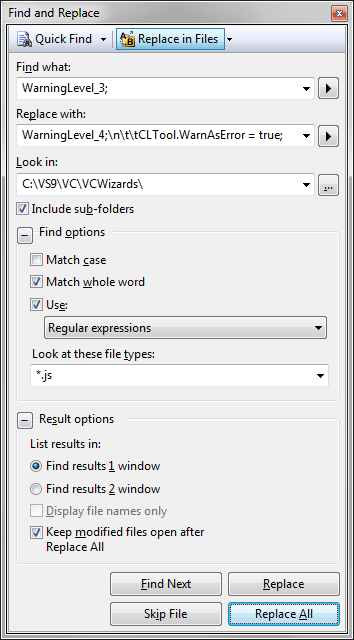 VS Search and Replace Dialog