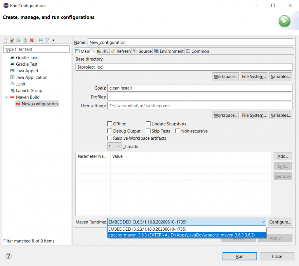 Run configuration dialog - Main tab - Maven Runtime